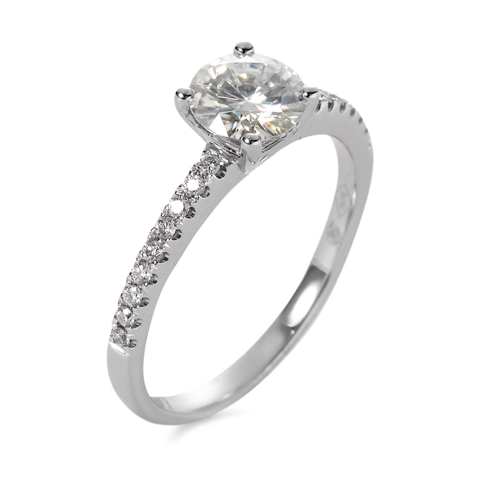 Fingerring 750/18 K Weissgold Moissanite 6 mm, Diamant 0.158 ct, 18 Steine, Brillantschliff
