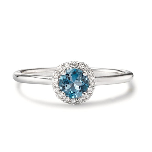 Fingerring 750/18 K Weissgold London Blue Topas, Diamant 0.11 ct, 16 Steine, Brillantschliff, w-si