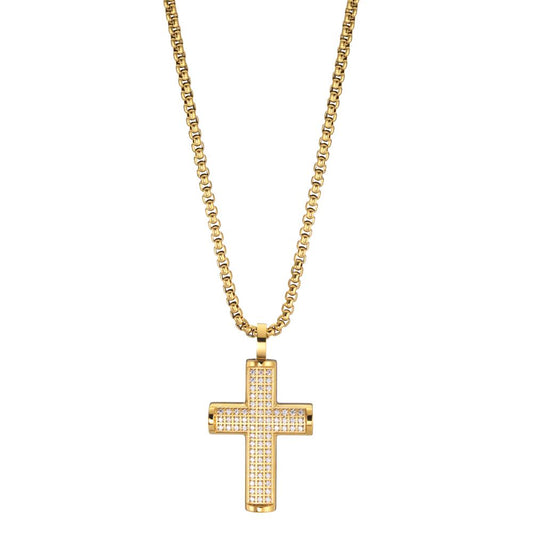 Halskette mit Anhänger Edelstahl Zirkonia 75 Steine gelb IP beschichtet Kreuz
