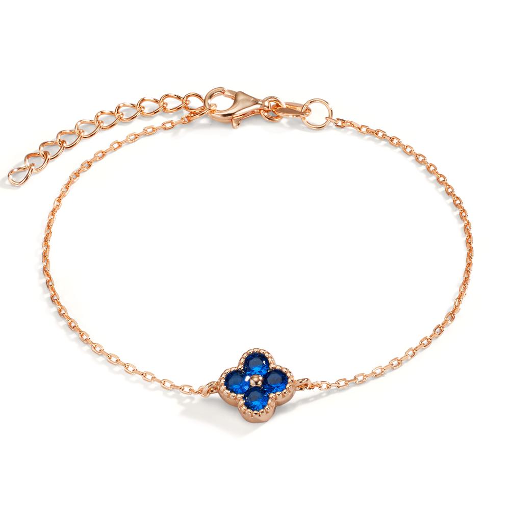 Armband Silber Zirkonia saphirblau, 4 Steine rosé vergoldet Blume 16-19 cm verstellbar