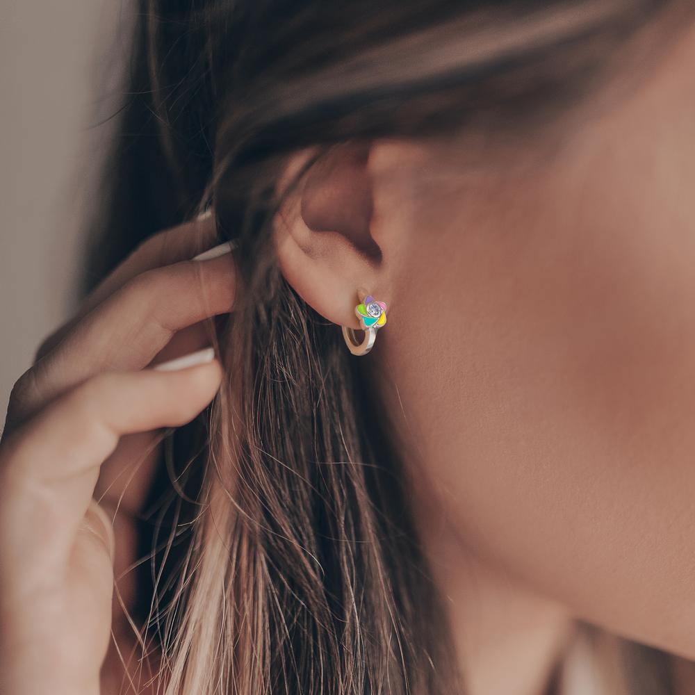 Klappcreolen Silber Zirkonia 2 Steine rhodiniert Blume