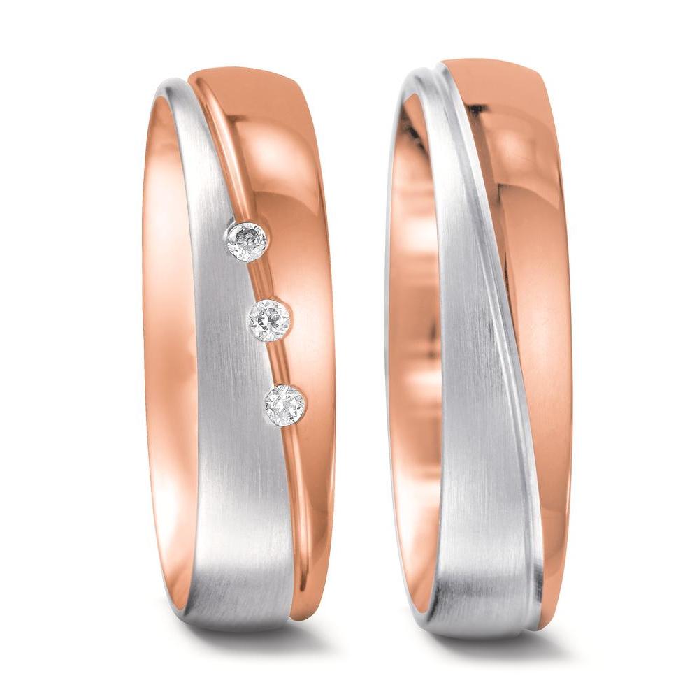 Partnerring 750/18 K Rotgold, 750/18 K Weissgold Diamant 0.045 ct, 3 Steine, tw-vsi