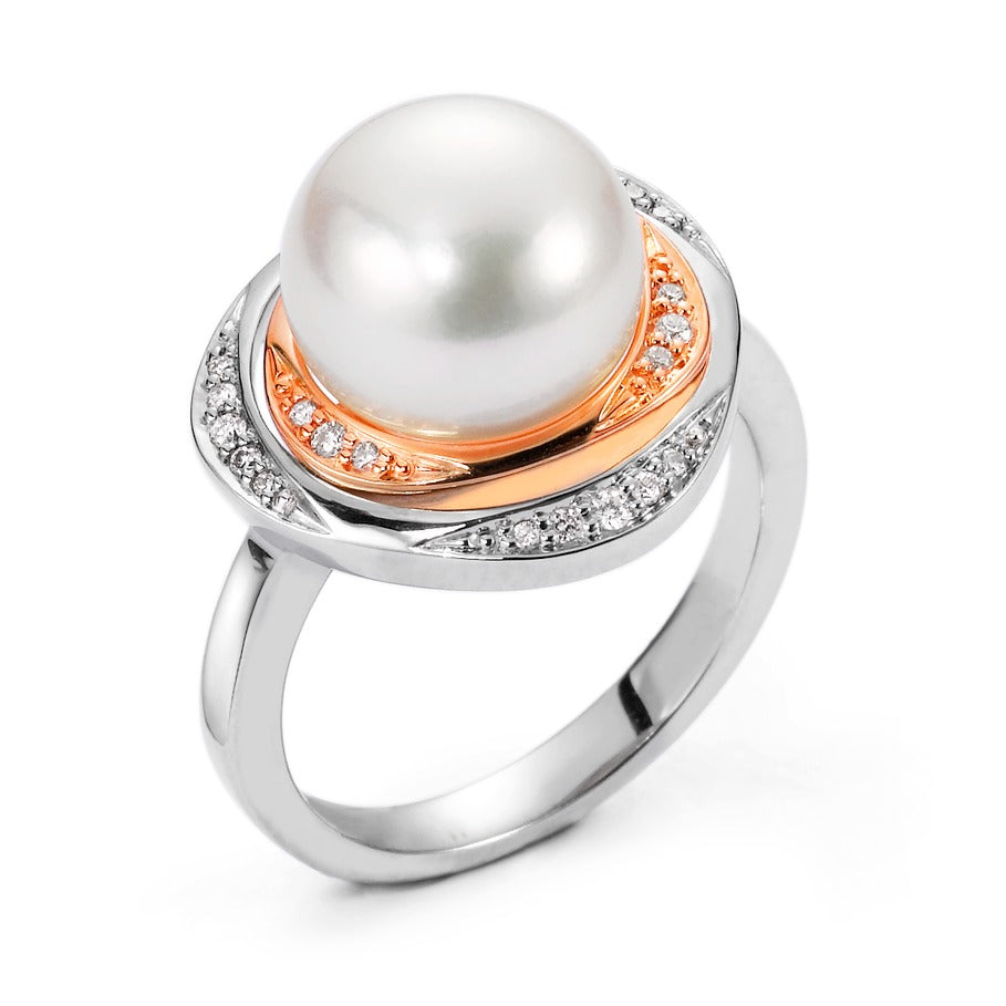 Fingerring 750/18 K Weissgold, 750/18 K Rotgold Diamant 0.115 ct, 23 Steine, w-si Süsswasserzuchtperle weiss 10-11 mm