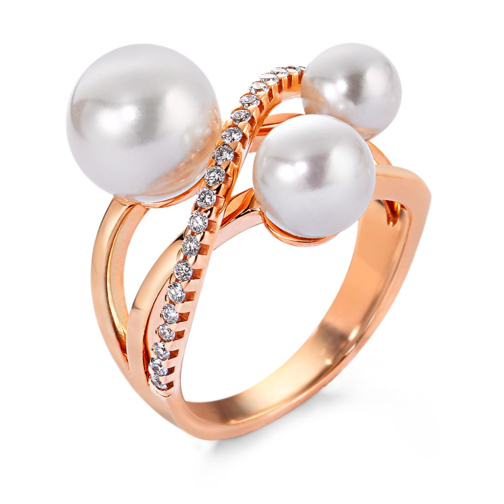 Fingerring 750/18 K Rotgold Diamant 0.18 ct, 27 Steine, w-si Süsswasserzuchtperle weiss, 3 Perlen 5.5-9 mm
