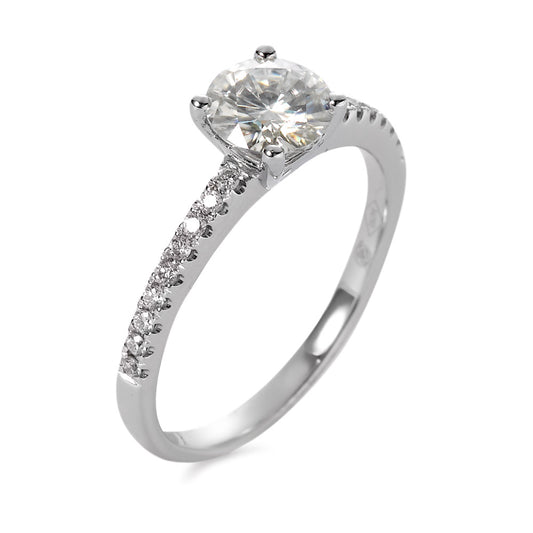 Fingerring 750/18 K Weissgold Moissanite 6 mm, Diamant 0.158 ct, 18 Steine, Brillantschliff