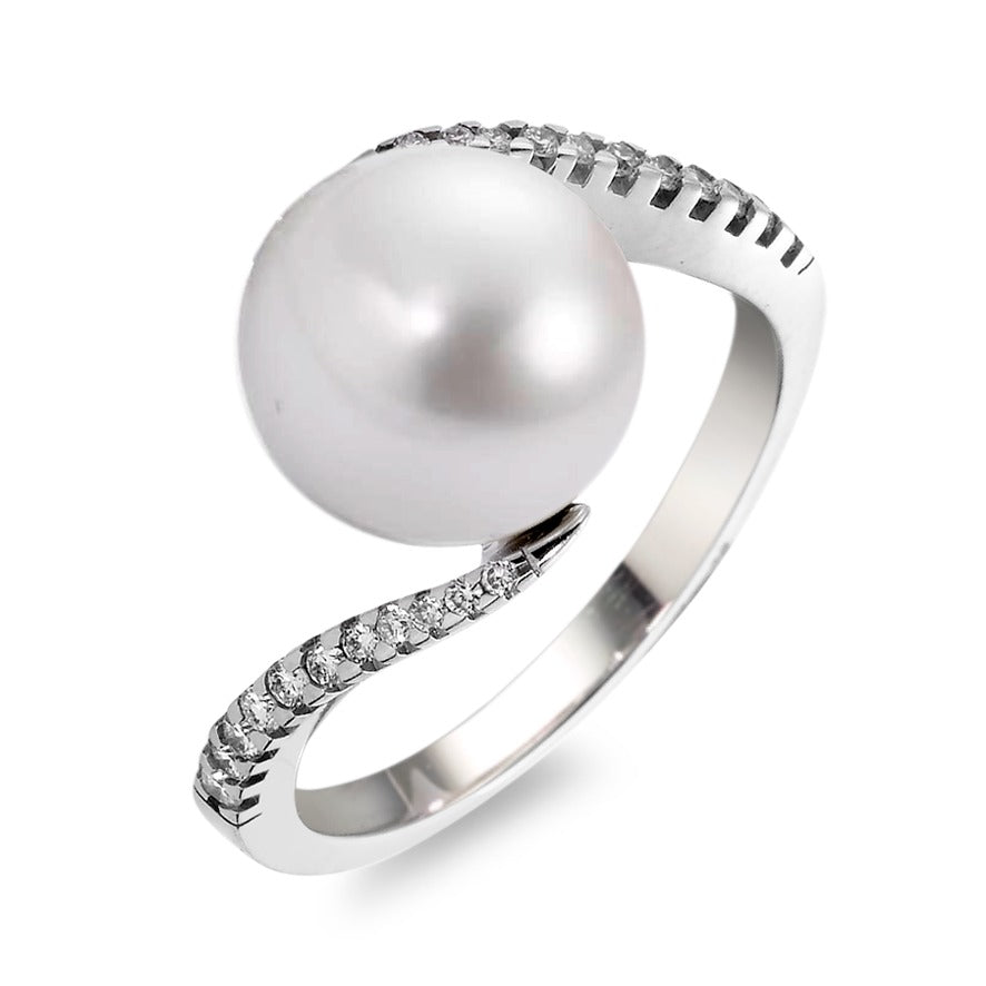 Fingerring 750/18 K Weissgold Diamant weiss, 0.15 ct, 22 Steine, Brillantschliff, w-si Süsswasserzuchtperle, 22 Perlen, 9.5 mm