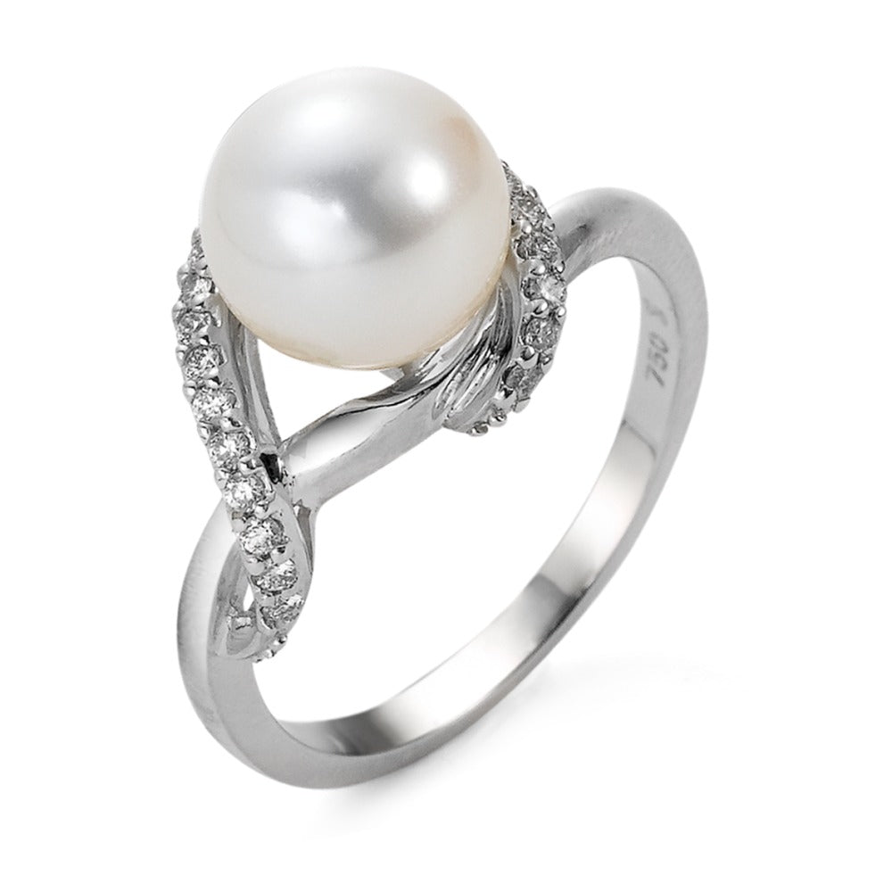 Fingerring 750/18 K Weissgold Diamant 0.20 ct, 23 Steine, w-si Süsswasserzuchtperle weiss, 9 mm