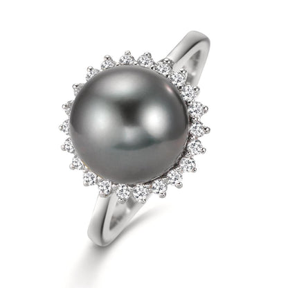 Fingerring 750/18 K Weissgold Diamant 0.27 ct, 22 Steine, w-si Tahitiperle grau, 10 mm