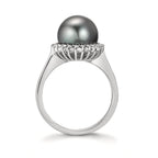 Fingerring 750/18 K Weissgold Diamant 0.27 ct, 22 Steine, w-si Tahitiperle grau, 10 mm