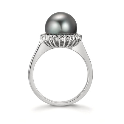 Fingerring 750/18 K Weissgold Diamant 0.27 ct, 22 Steine, w-si Tahitiperle grau, 10 mm
