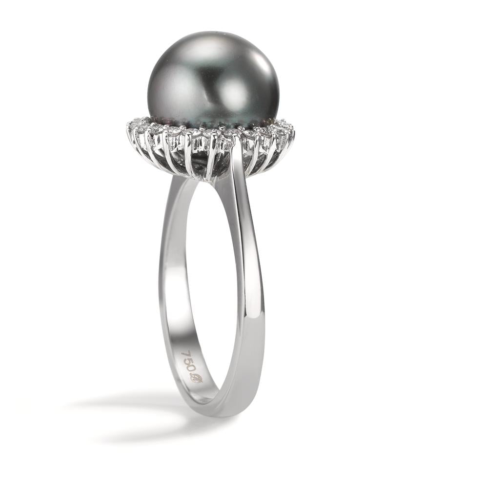 Fingerring 750/18 K Weissgold Diamant 0.27 ct, 22 Steine, w-si Tahitiperle grau, 10 mm
