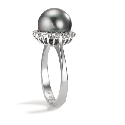 Fingerring 750/18 K Weissgold Diamant 0.27 ct, 22 Steine, w-si Tahitiperle grau, 10 mm