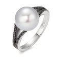 Fingerring 750/18 K Weissgold Diamant schwarz, 0.19 ct, 48 Steine, Achtkant Süsswasserzuchtperlen, 10.5 mm