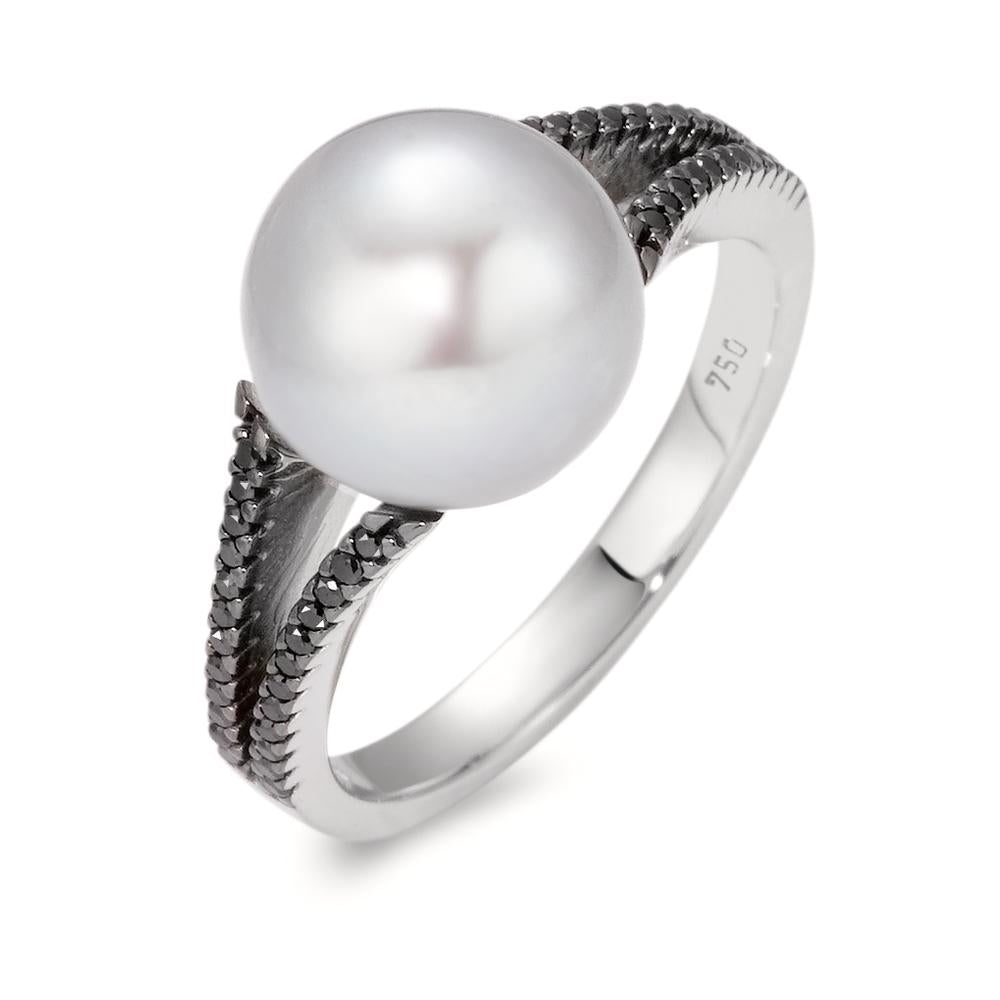 Fingerring 750/18 K Weissgold Diamant schwarz, 0.19 ct, 48 Steine, Achtkant Süsswasserzuchtperlen, 10.5 mm
