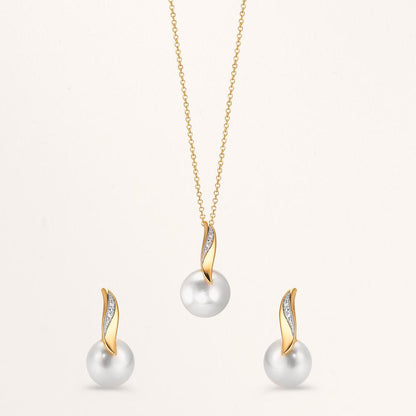 Ohrstecker 750/18 K Gelbgold Diamant weiss, 0.10 ct, 2 Steine, Brillantschliff, w-si Süsswasserzuchtperle weiss, 2 Perlen, 7 mm
