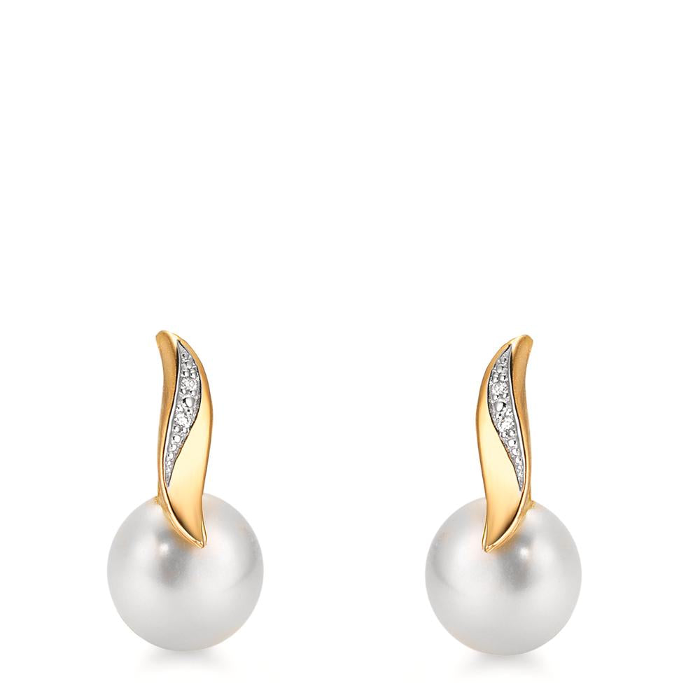 Ohrstecker 750/18 K Gelbgold Diamant weiss, 0.10 ct, 2 Steine, Brillantschliff, w-si Süsswasserzuchtperle weiss, 2 Perlen, 7 mm