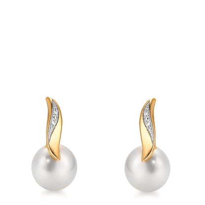 Ohrstecker 750/18 K Gelbgold Diamant weiss, 0.10 ct, 2 Steine, Brillantschliff, w-si Süsswasserzuchtperle weiss, 2 Perlen, 7 mm