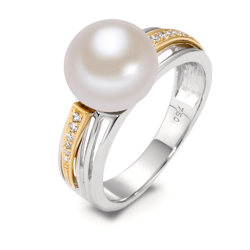 Fingerring 750/18 K Gelbgold, 750/18 K Weissgold Diamant weiss, 0.06 ct, 12 Steine, Brillantschliff, w-si Süsswasserzuchtperle weiss 9.5-10 mm