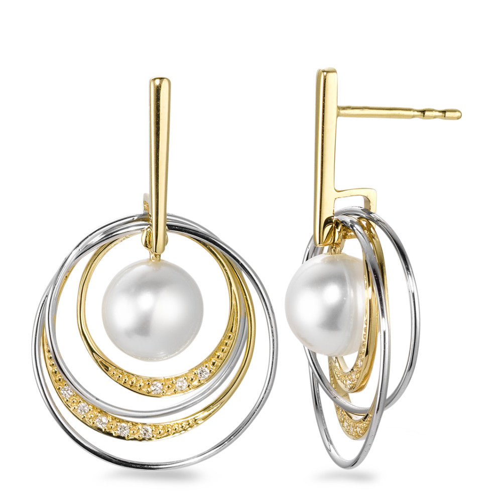 Ohrhänger 750/18 K Gelbgold, 750/18 K Weissgold Diamant weiss, 0.05 ct, 16 Steine, Brillantschliff, w-si Süsswasserzuchtperlen, 7.5 mm
