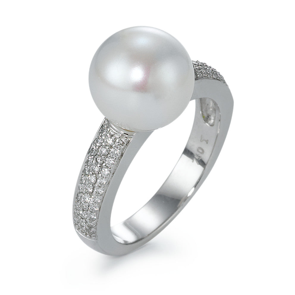 Fingerring 750/18 K Weissgold Diamant 0.32 ct, 66 Steine, w-si Süsswasserzuchtperle weiss, 10 mm
