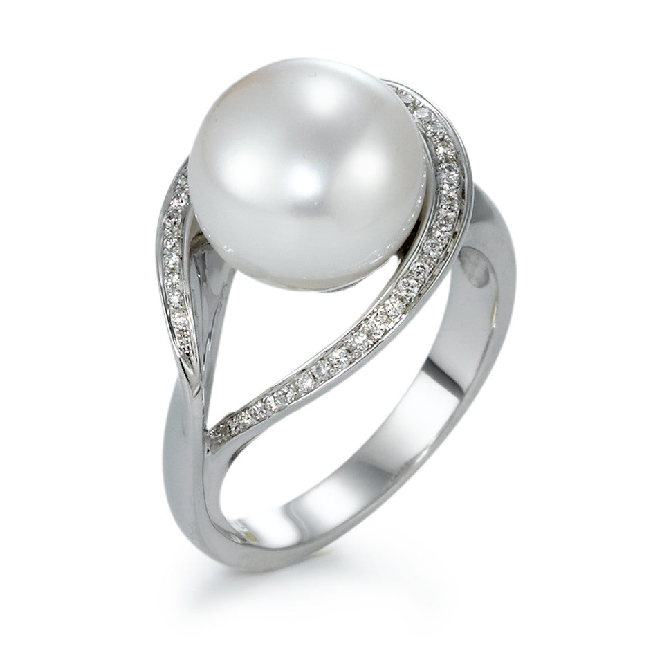 Fingerring 750/18 K Weissgold Diamant 0.13 ct, 40 Steine, w-si Süsswasserzuchtperle weiss, 11 mm