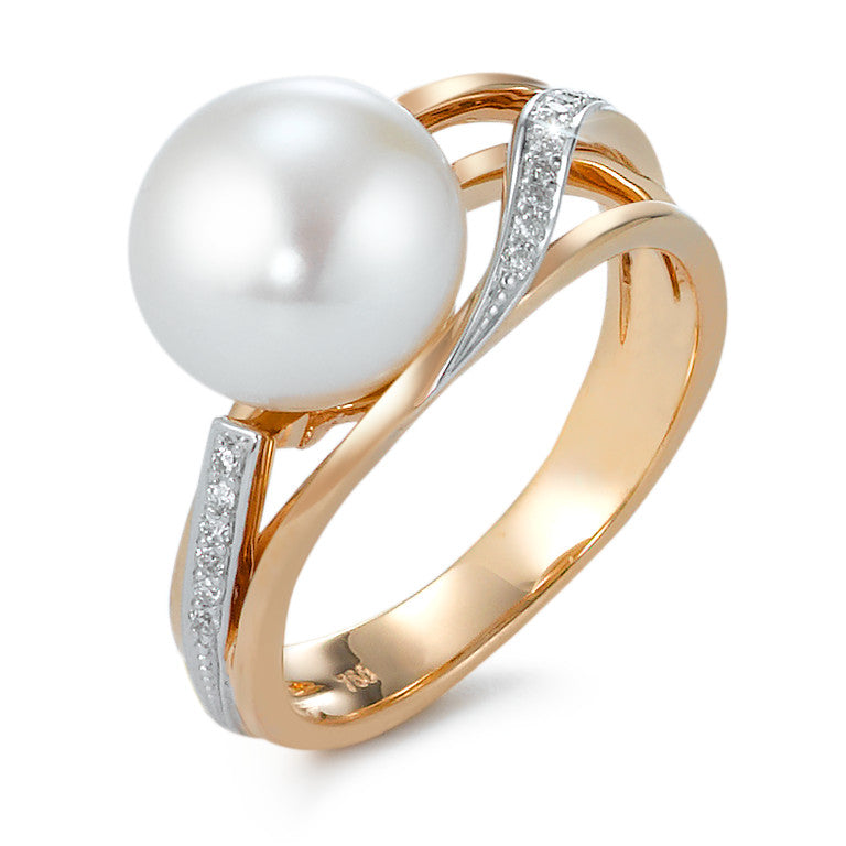 Fingerring 750/18 K Rotgold Diamant 0.08 ct, 16 Steine, Brillantschliff, w-si Süsswasserzuchtperlen 9.5-10 mm