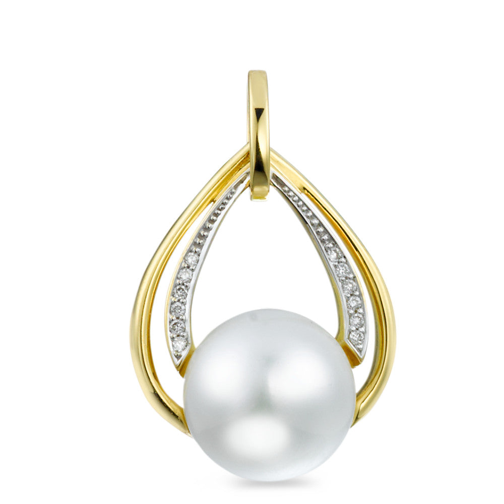 Anhänger 750/18 K Gelbgold Diamant 0.05 ct, 12 Steine, Brillantschliff, w-si Süsswasserzuchtperle weiss, 10.5 mm