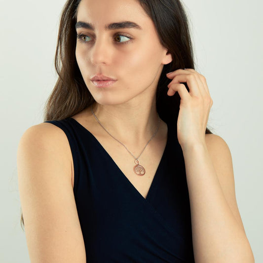 Halskette mit Anhänger Silber rosé vergoldet Lebensbaum 40-44 cm verstellbar Ø20 mm