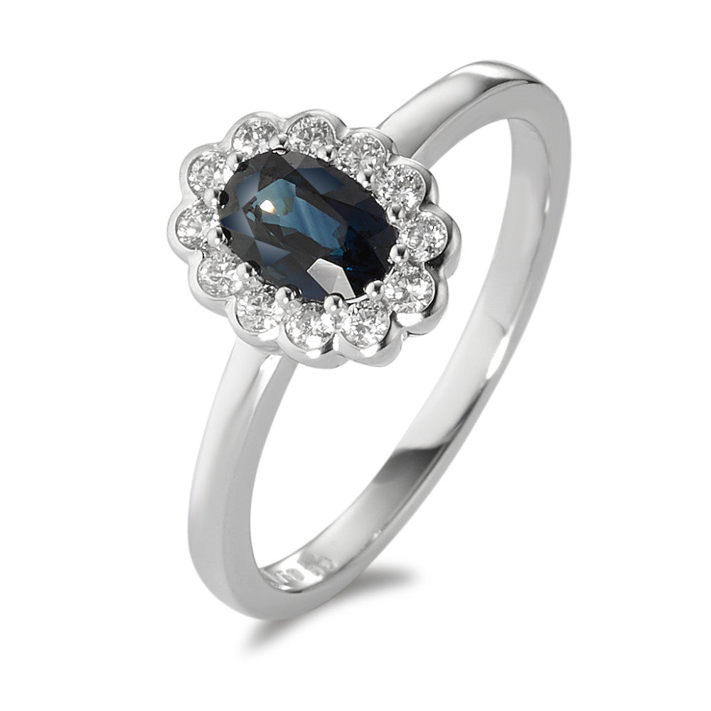 Fingerring 750/18 K Weissgold Diamant weiss, 0.18 ct, 12 Steine, Brillantschliff, w-si, Saphir