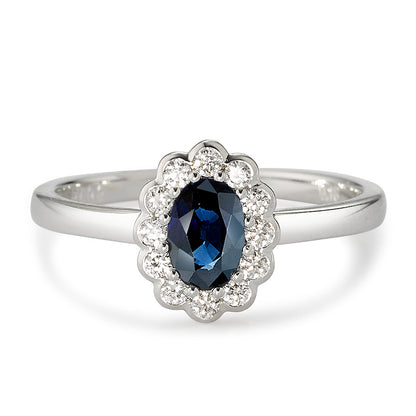 Fingerring 750/18 K Weissgold Diamant weiss, 0.18 ct, 12 Steine, Brillantschliff, w-si, Saphir