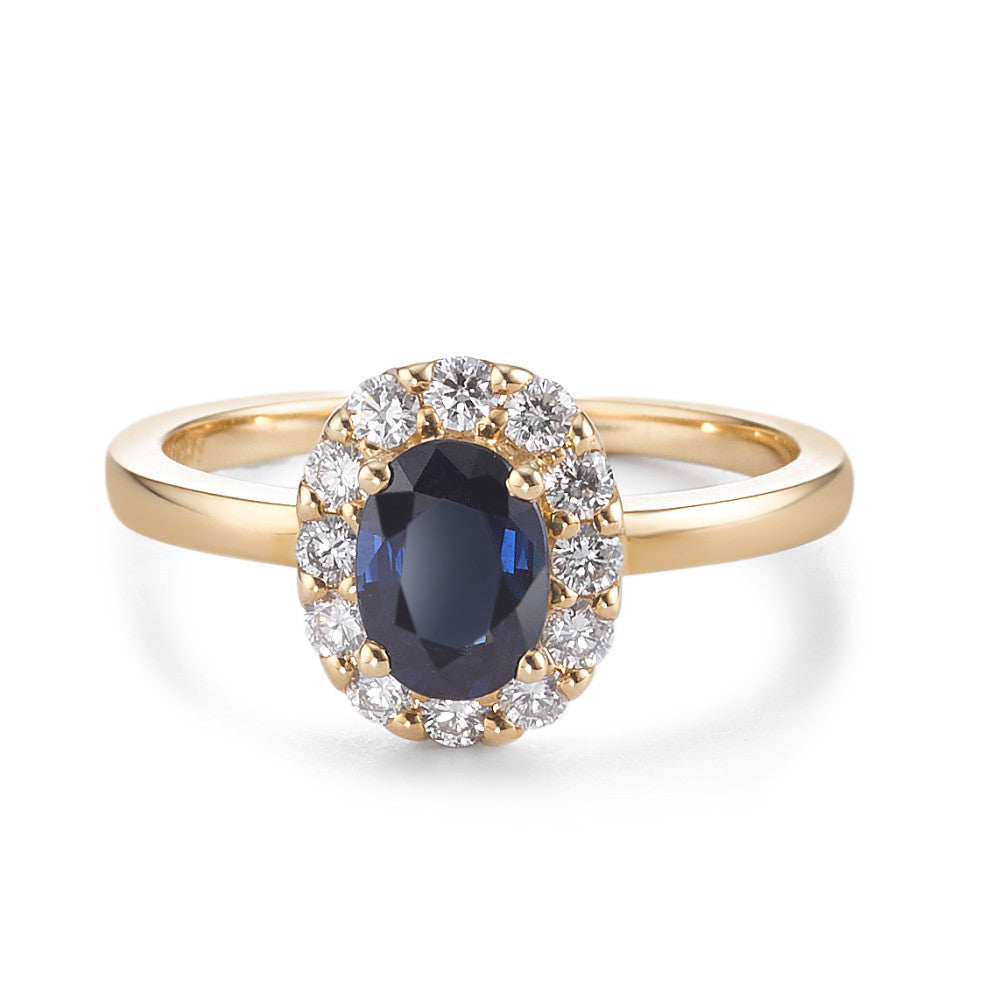 Fingerring 750/18 K Gelbgold Saphir 0.94 ct, Diamant 0.40 ct, 12 Steine, Brillantschliff, w-si