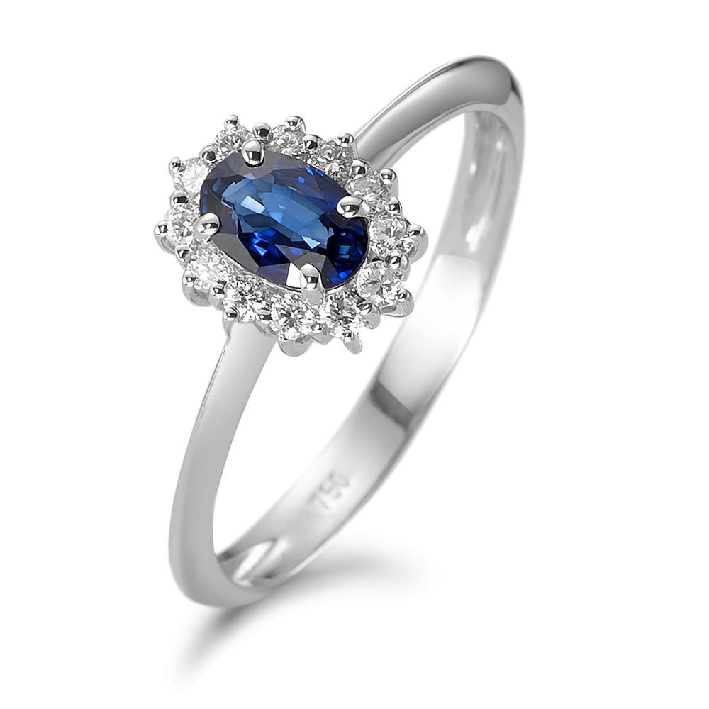 Fingerring 750/18 K Weissgold Saphir blau, oval, Diamant weiss, 0.18 ct, 12 Steine, w-pi1