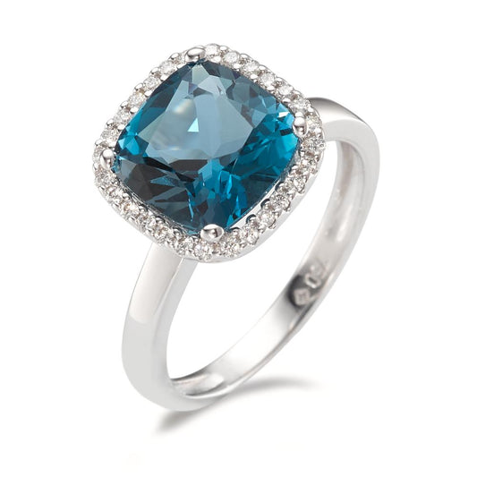 Fingerring 750/18 K Weissgold London Blue Topas, Diamant 0.14 ct, 28 Steine, Brillantschliff, w-si