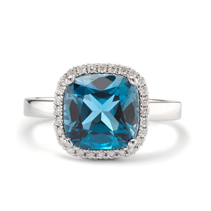 Fingerring 750/18 K Weissgold London Blue Topas, Diamant 0.14 ct, 28 Steine, Brillantschliff, w-si