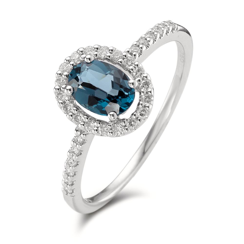 Fingerring 750/18 K Weissgold London Blue Topas oval, Diamanten weiss, 0.19 ct, w-si