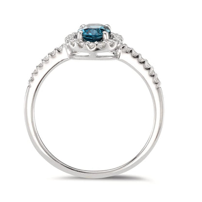 Fingerring 750/18 K Weissgold London Blue Topas oval, Diamanten weiss, 0.19 ct, w-si