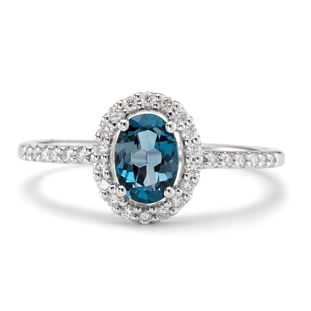 Fingerring 750/18 K Weissgold London Blue Topas oval, Diamanten weiss, 0.19 ct, w-si
