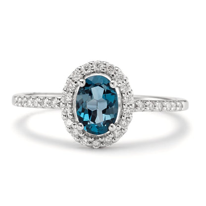 Fingerring 750/18 K Weissgold London Blue Topas oval, Diamanten weiss, 0.19 ct, w-si