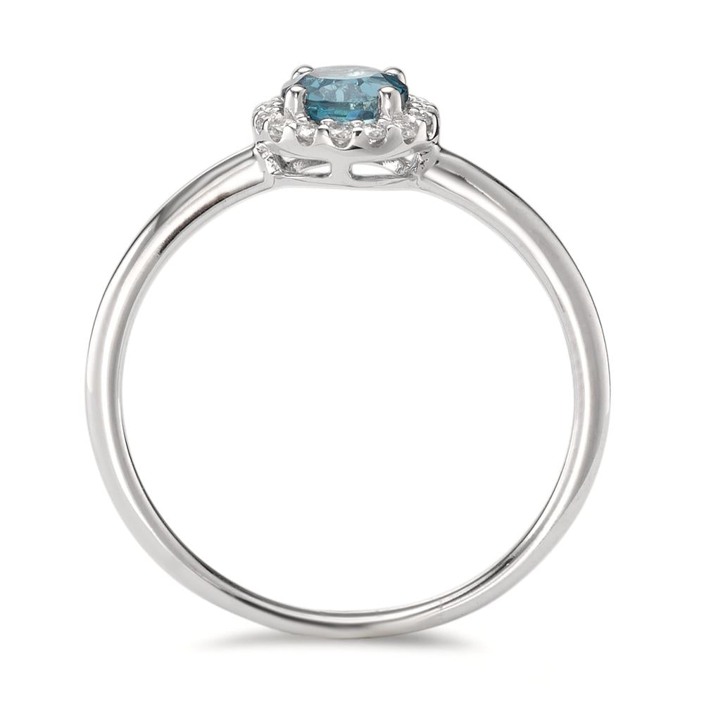 Fingerring 750/18 K Weissgold London Blue Topas, Diamant 0.11 ct, 16 Steine, Brillantschliff, w-si
