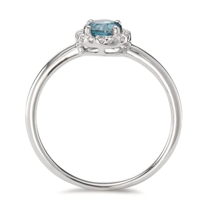 Fingerring 750/18 K Weissgold London Blue Topas, Diamant 0.11 ct, 16 Steine, Brillantschliff, w-si