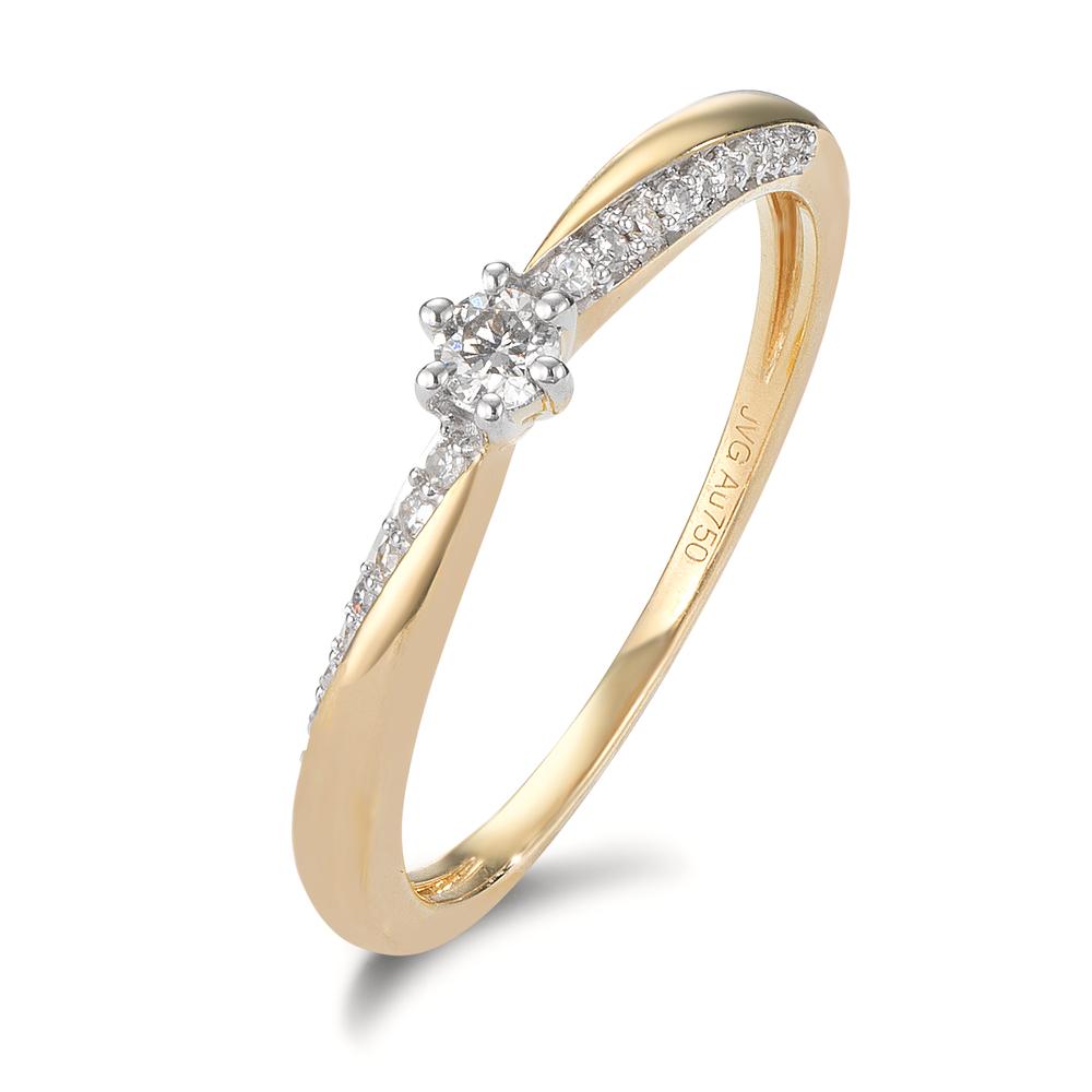 Solitär Ring 750/18 K Gelbgold Diamant 0.15 ct, 21 Steine, w-si