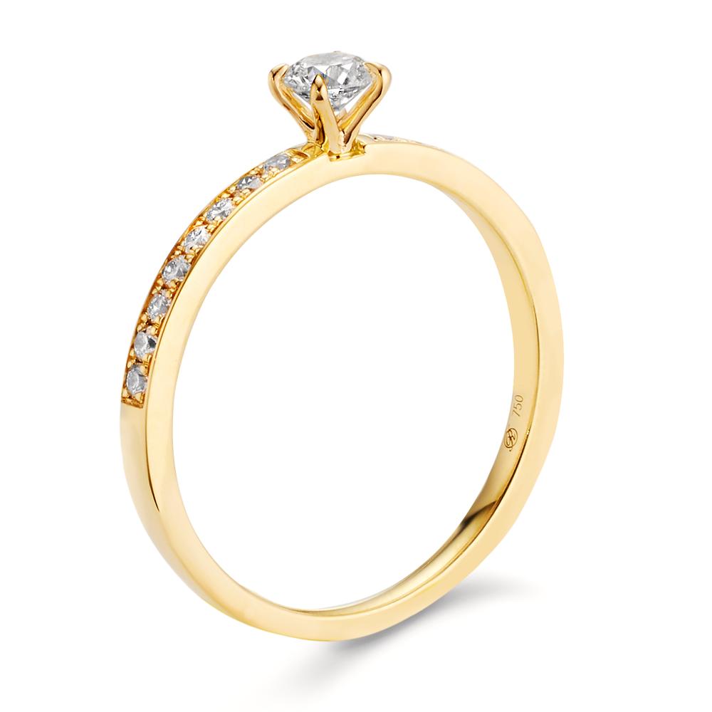 Solitär Ring 750/18 K Gelbgold Diamant 0.34 ct, 17 Steine, w-si