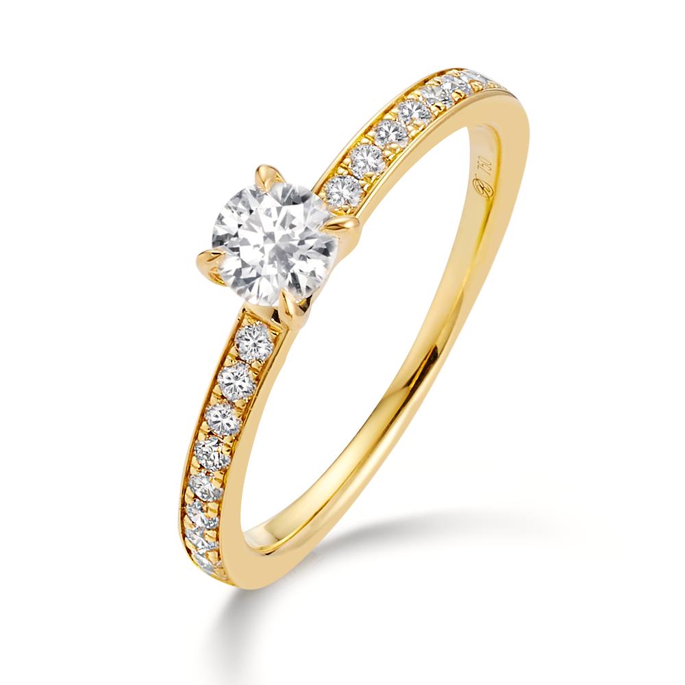Solitär Ring 750/18 K Gelbgold Diamant weiss, 0.30 ct, Brillantschliff, w-si, Diamant weiss, 0.20 ct, 18 Steine, Brillantschliff, w-si