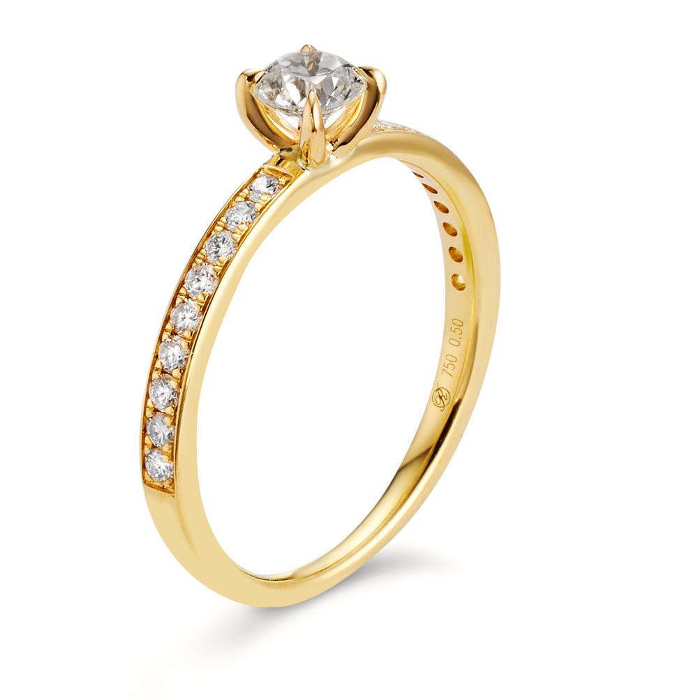 Solitär Ring 750/18 K Gelbgold Diamant weiss, 0.30 ct, Brillantschliff, w-si, Diamant weiss, 0.20 ct, 18 Steine, Brillantschliff, w-si