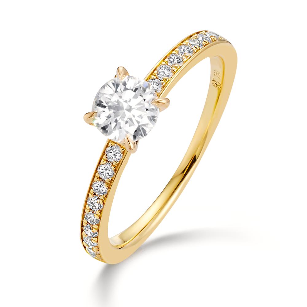 Solitär Ring 750/18 K Gelbgold Diamant 0.47 ct, Brillantschliff, w-si, Diamant 0.18 ct, 18 Steine, Brillantschliff, w-si