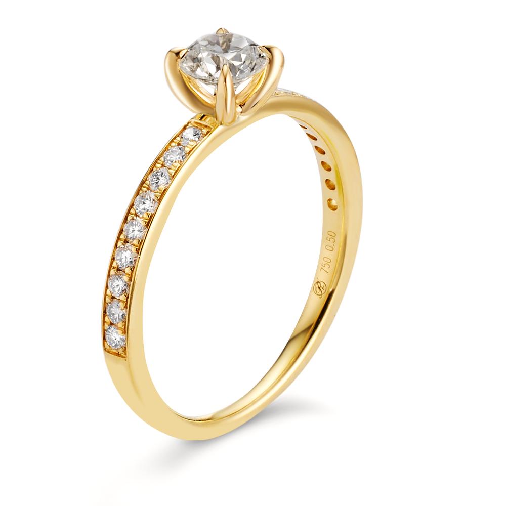 Solitär Ring 750/18 K Gelbgold Diamant 0.47 ct, Brillantschliff, w-si, Diamant 0.18 ct, 18 Steine, Brillantschliff, w-si