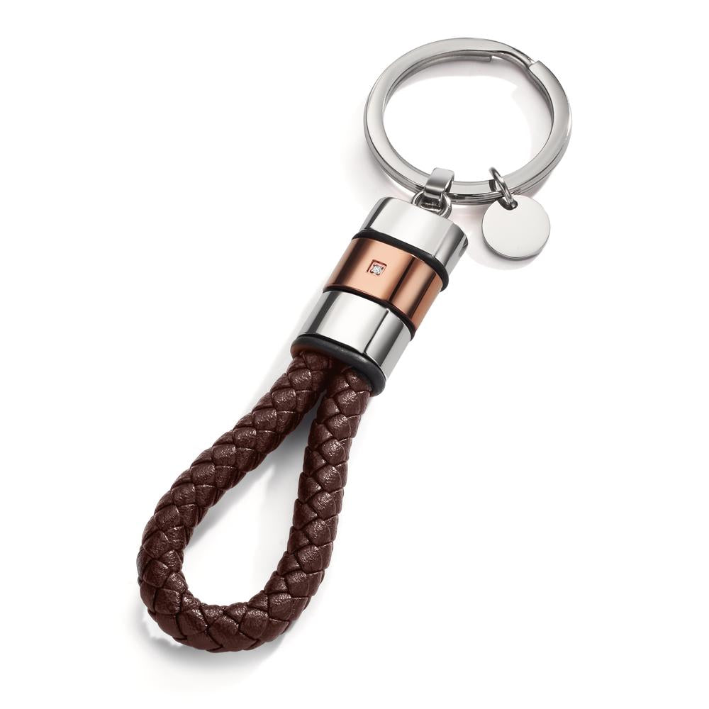 Schlüsselanhänger Edelstahl, Leder, Kautschuk Zirkonia braun IP beschichtet 11 cm Ø30 mm