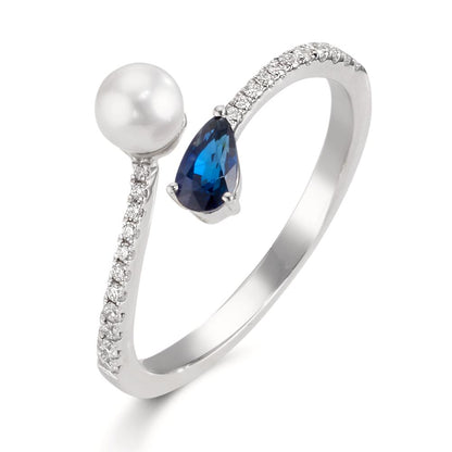 Fingerring 750/18 K Weissgold Diamanten 0.105 ct, w-si, Saphir Akoya Perlen 3.5-4 mm