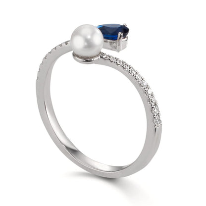 Fingerring 750/18 K Weissgold Diamanten 0.105 ct, w-si, Saphir Akoya Perlen 3.5-4 mm
