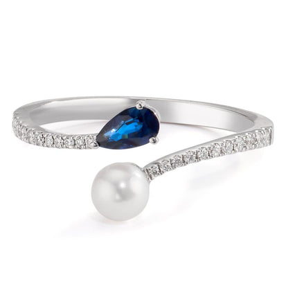 Fingerring 750/18 K Weissgold Diamanten 0.105 ct, w-si, Saphir Akoya Perlen 3.5-4 mm